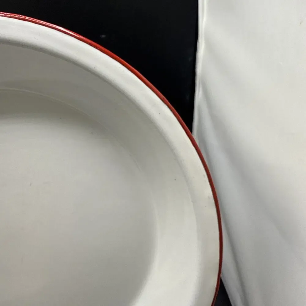 Vintage White Red Rim Enamelware Dinner Plate Farmhouse Camp Rustic 9.5 Inches